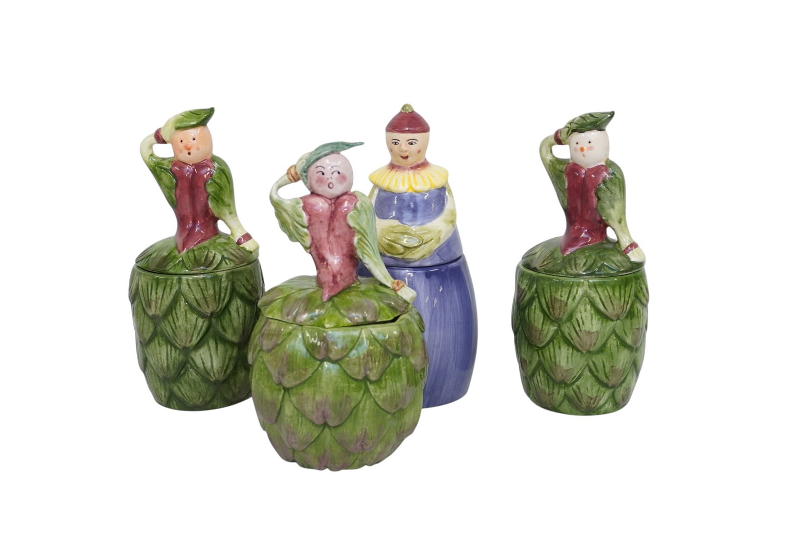 4 VINTAGE VEGETABLE LADIES CERAMIC LIDDED CANISTERS BAUM BROS & HORCHOW/ NEIMAN MARCUS: Group of 4 whimsical hand-painted ceramic anthropomorphic "vegetable ladies" lidded ceramic jars from the Formalities by Baum Bros. Style Eyes collection (2) artichokes canisters & (1) eggplant & (1) 