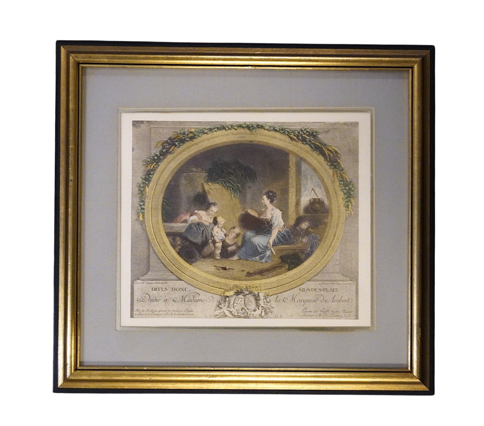 HAND-COLORED FRAGONARD LITHOGRAPH BY NICOLAS DE LAUNAY FRAMED PRINT (1 of 3)
