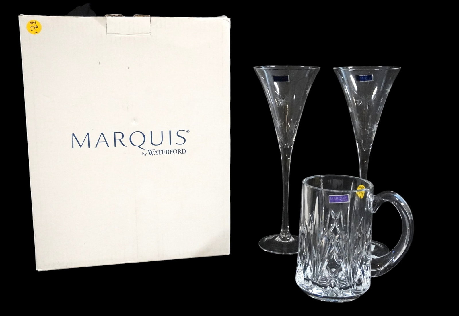 PAIR OF MARQUIS BY WATERFORD CRYSTAL TOASTING FLUTES AND BEER STEIN (1 of 1)