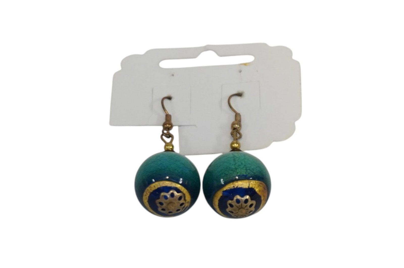 MURANO GLASS DROP PIERCED EARRINGS: Murano Blown Glass Drop Pierced Earrings in a gorgeous teal green with gold accents. Each 1 1/4". Weight 1.2 oz. **In house shipping available on this lot** If you win this lot, please select self arr