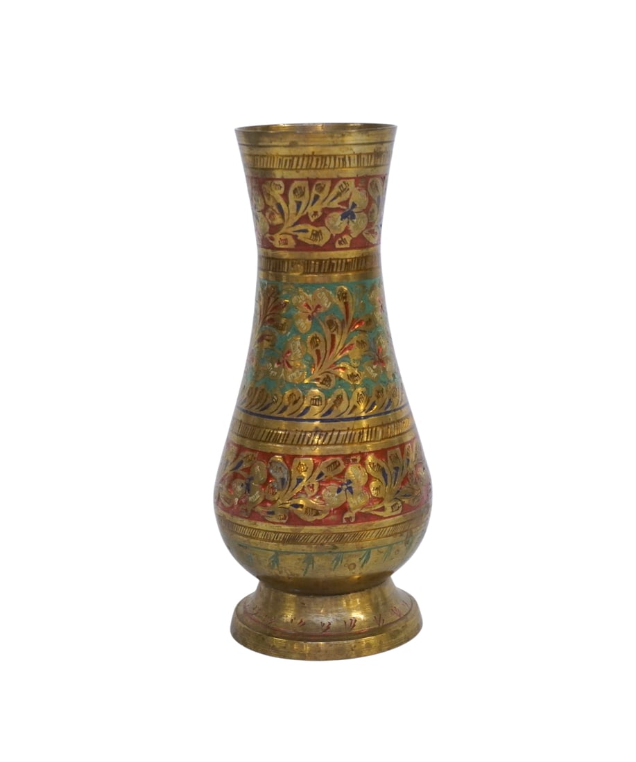 VINTAGE ETCHED ENAMELED BRASS VASE: Vintage Etched Enameled Brass Vase c. 1960s. Measures 2 1/4"x2 1/4"x6".Weight 7 oz. **In house shipping available on this lot** If you win this lot, please select self arranged for in house shipping w