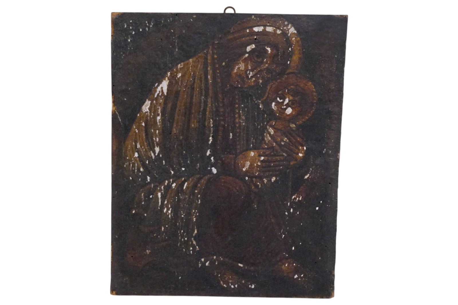 ANTIQUE MADONNA & CHILD ICON ON WOOD: 18th c Madonna & Child Hand Painted Icon on Wood Panel. Age related wear and split to side. Measures 12"x14 3/4"x1". Weight 3 lbs 5 oz. **In house shipping available on this lot** If you win this lot,