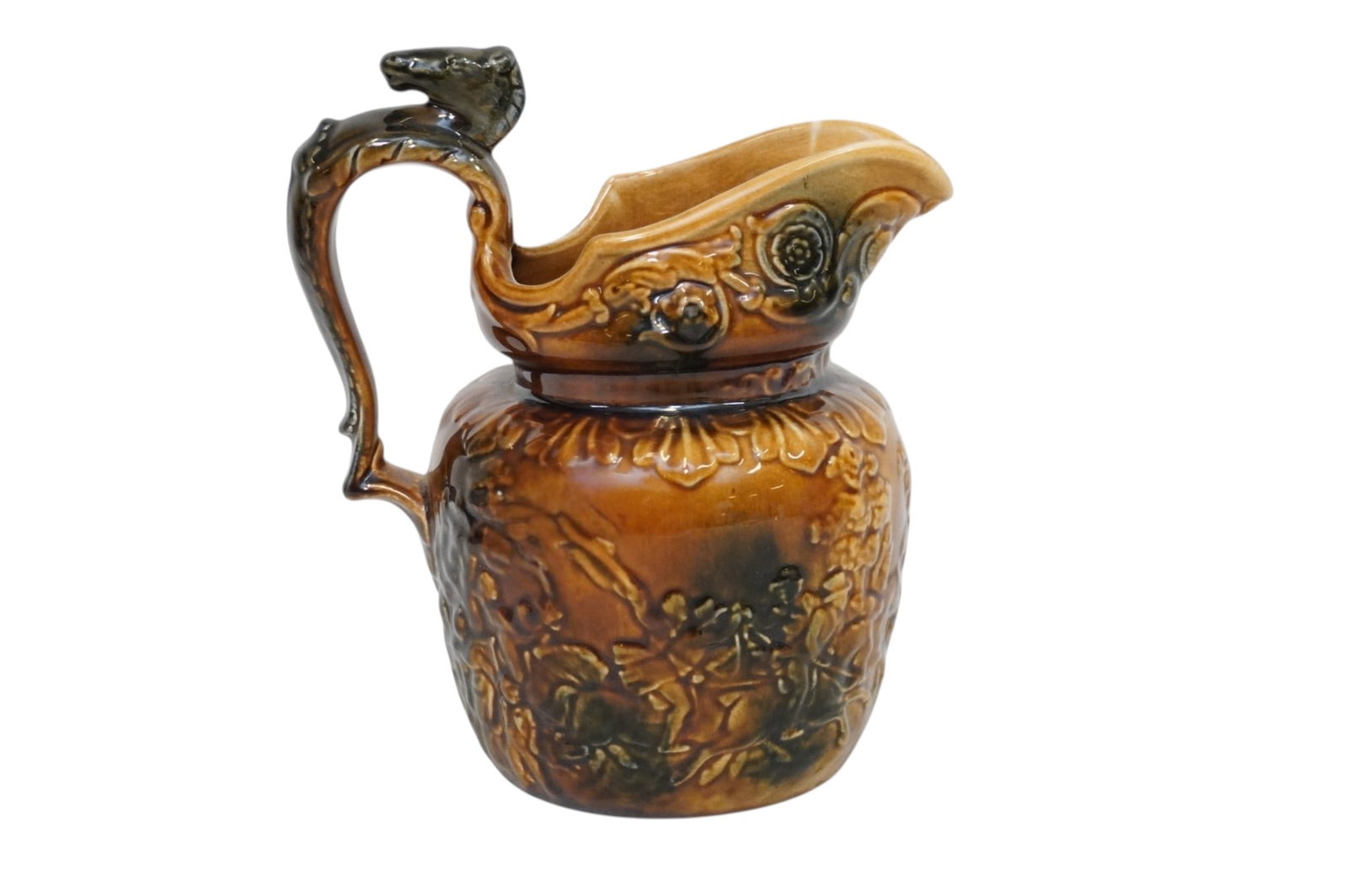 MAJOLICA ARTHUR WOOD HORSE HEAD PITCHER: Vintage Majolica Arthur Wood Horse Head Pitcher, measures 7"x5"x8". Weight 1 lb 12 oz. **In house shipping available on this lot** If you win this lot, please select self arranged for in house shippin