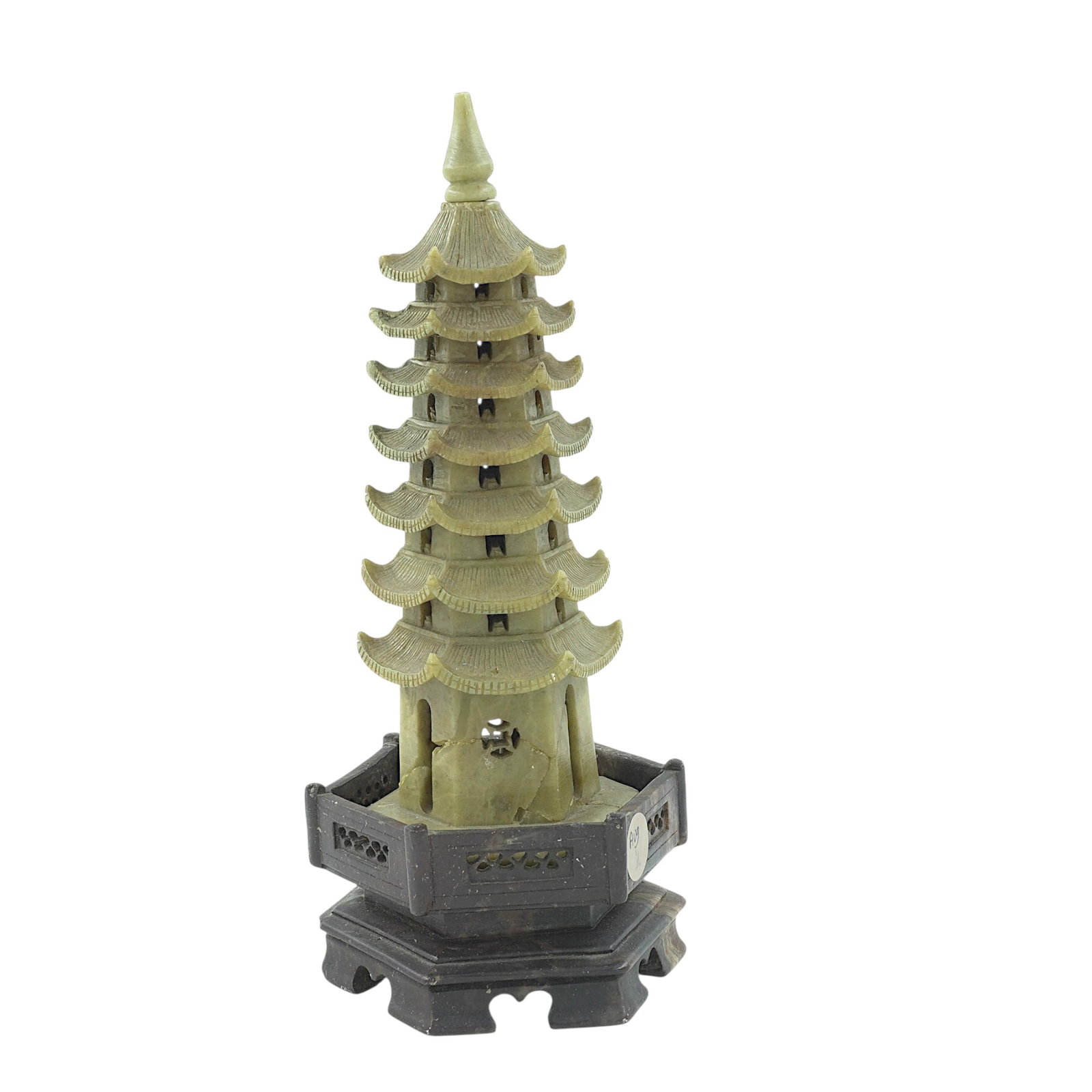 ANTIQUE CARVED CHINESE SOAPSTONE PAGODA: Antique early 20th c Carved Soapstone Chinese Pagoda and Carved Base. Measures 4 1/2"x4 1/2"x10". Weight 4 lbs. PROVENANCE: The Estate of Dr. Fraser Wilson, Charleston SC. Dr. Wilson will be