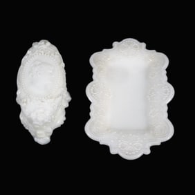 VINTAGE JENNY LIND FOSTORIA PIN BOX & MILK GLASS PIN TRAY