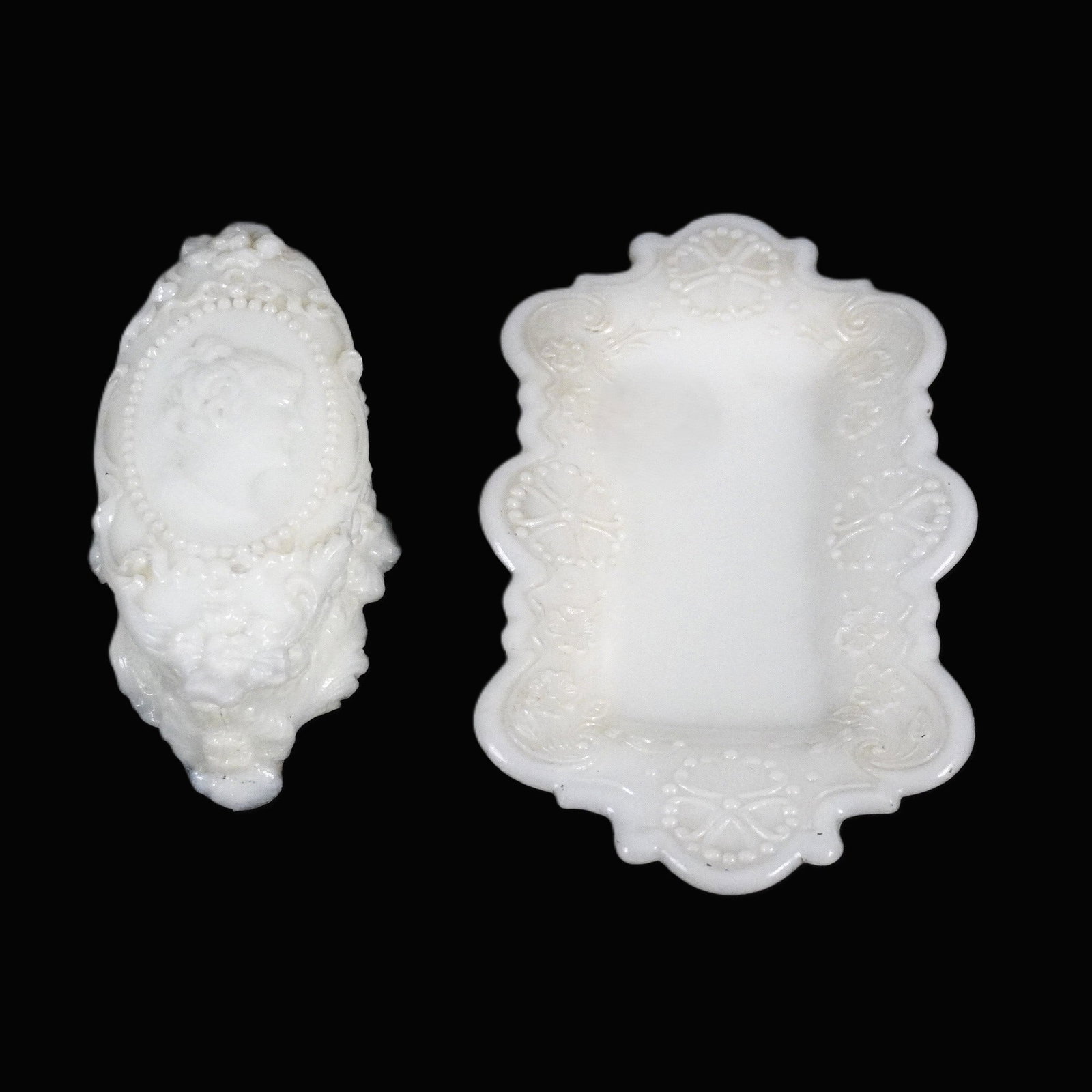 VINTAGE JENNY LIND FOSTORIA PIN BOX & MILK GLASS PIN TRAY: 1 -Vintage Pin Box with Lid Jenny Lind Milk Glass 5". 2- Early 20th c Trinket Dish 6 3/4". Weight combined 1 lb 2 oz. PROVENANCE:The Historic 1798 John Burckmeyer House, 120 Wentworth Street,