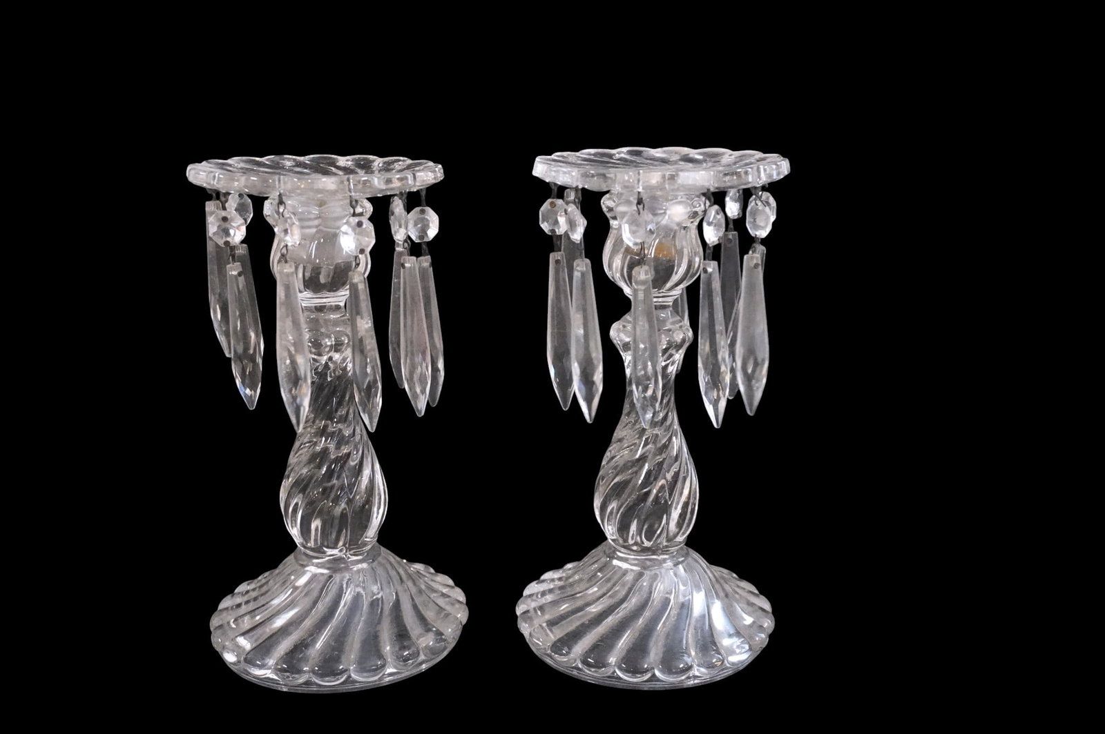 PAIR FOSTORIA COLONY LUSTER CANDLESTICKS: Fostoria Set of Two Lusters Candlesticks With Crystal Prisms in the Colony Pattern. Each 5 1/4"x9 1/4". Weight 5 lbs. PROVENANCE:The Historic 1798 John Burckmeyer House, 120 Wentworth Street, Charlest