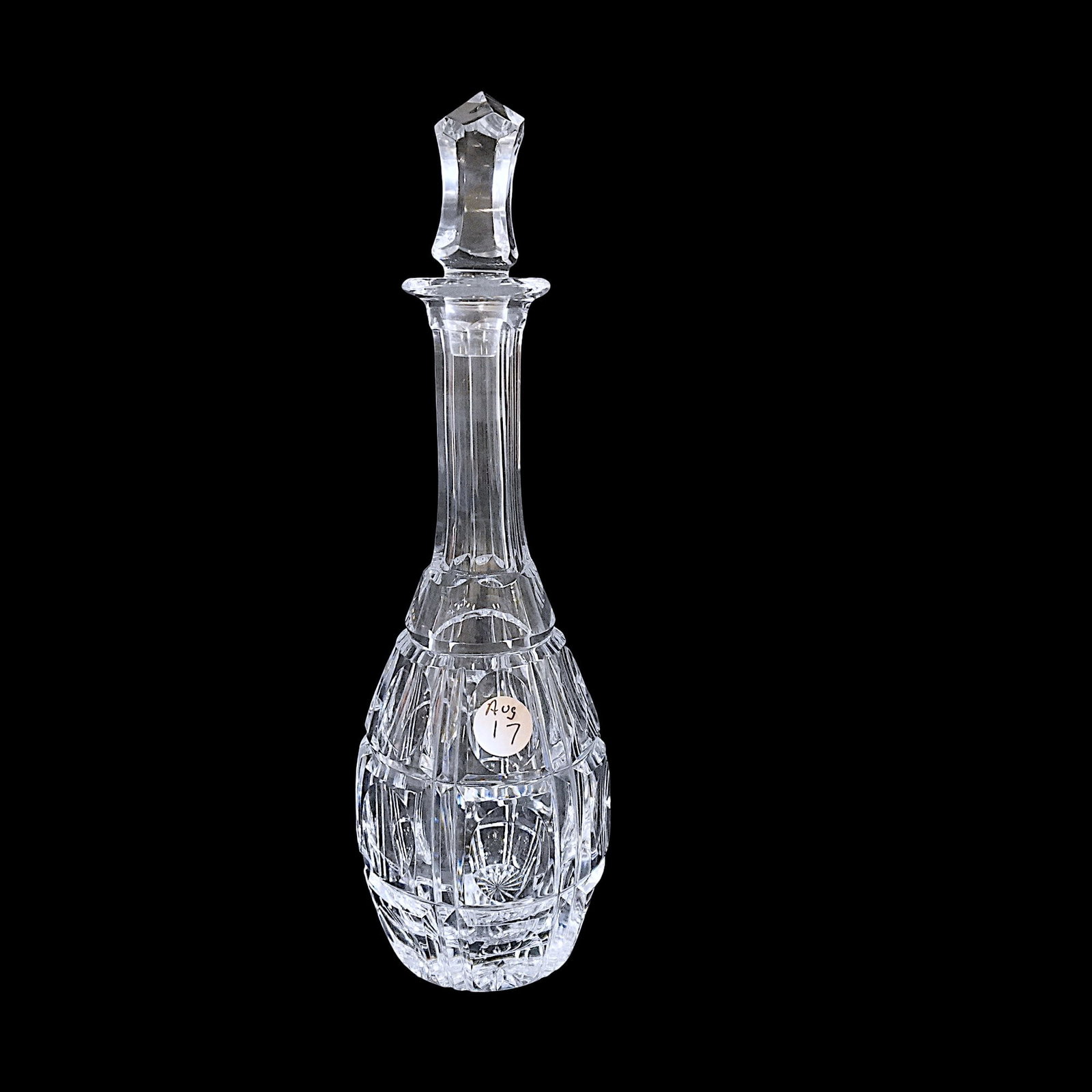 VINTAGE REXXFORD GERMAN CUT CRYSTAL DECANTER: Vintage Rexxford German Cut Crystal in the Chesterfield Pattern. Measures 3 1/2"x3 1/2"x11 1/2". Weight 2 lbs 8 oz. Provenance: A East Bay Street, Charleston SC Private Estate.**In house shipping