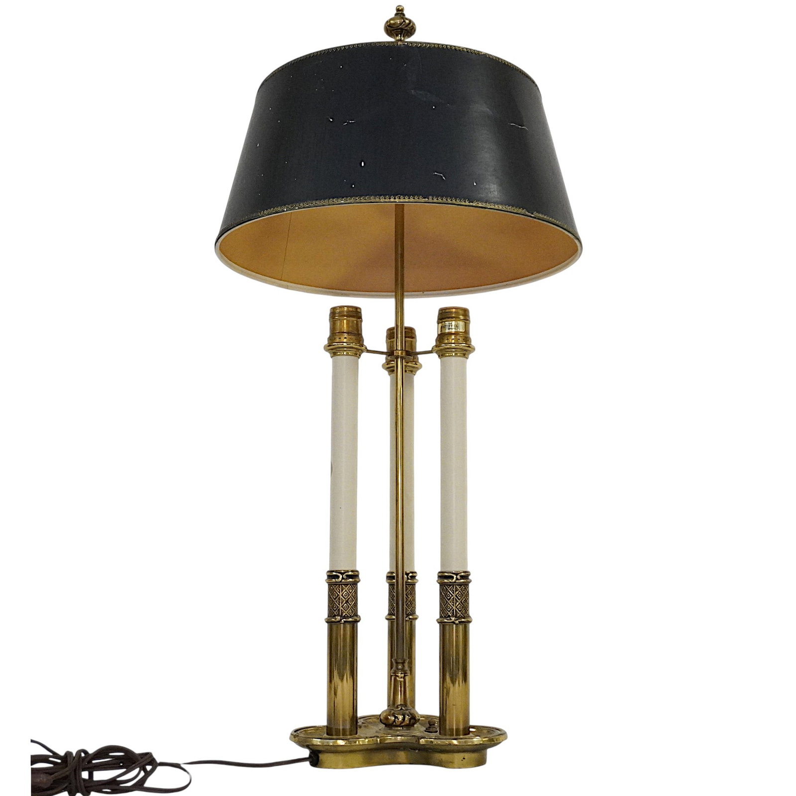VINTAGE BRASS STIFFEL BRASS BOUILLOTTE LAMP: Vintage Stiffel Brass Bouillotte Lamp. Solid brass base with traditional 3 candle lights.Adjustable shade, Lamp measures 7"x7"x30" Shade measures 14x14x7" Weight 8 lbs **In house shipping available on