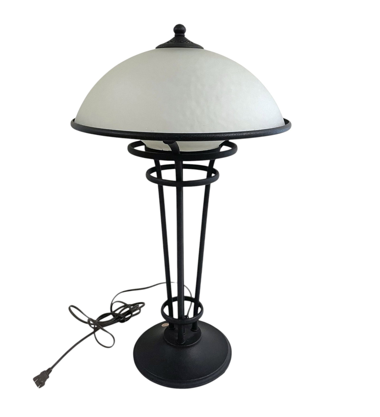 ART DECO STYLE IRON BASE FROSTED GLASS TABLE LAMP: Art Deco Style Table Lamp with Black Iron Base and Frosted Dome Shade. Measures 15"x15"x28". Weight 30 lbs. .**In house shipping available on this lot** If you win this lot, please select self arrange