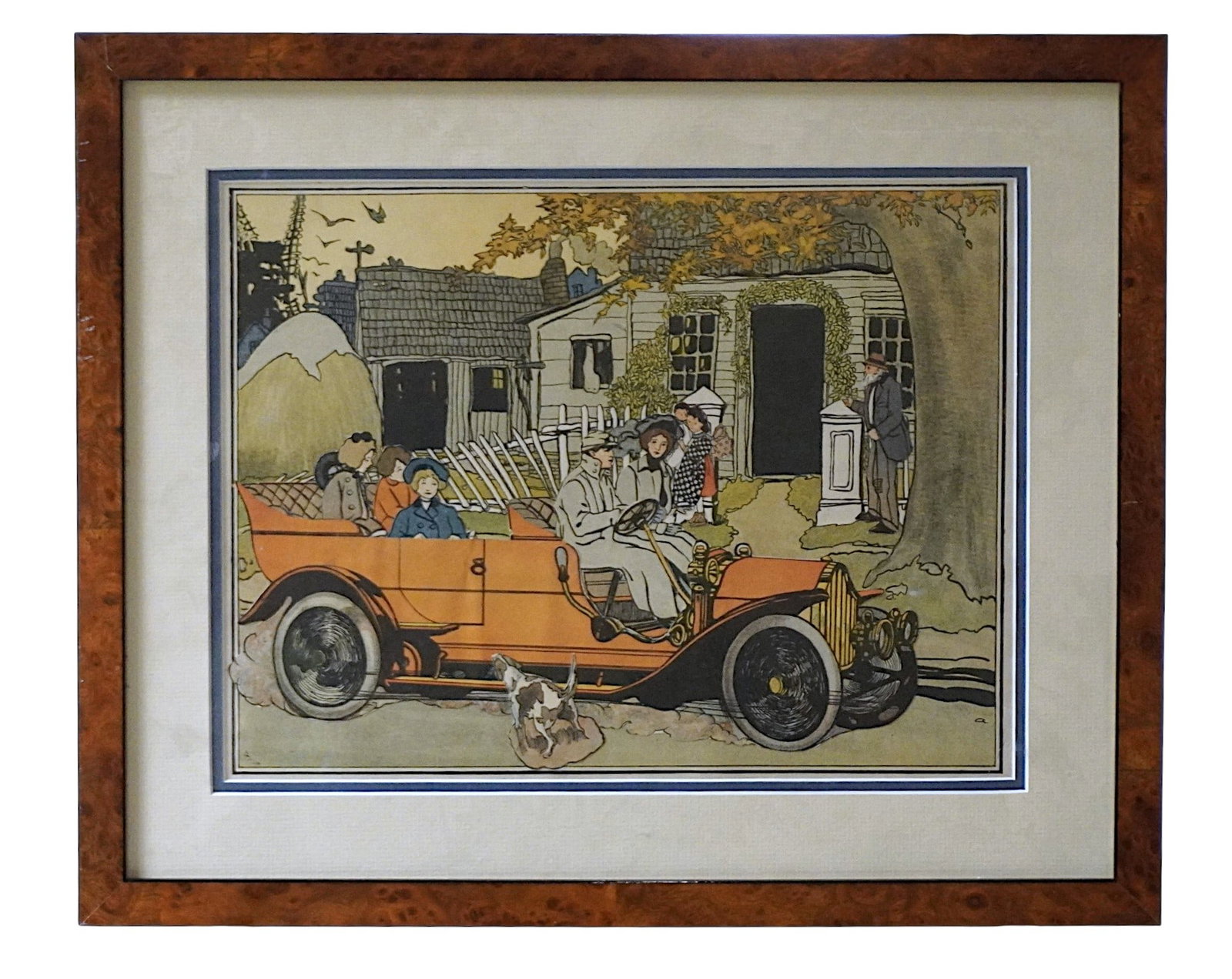 FRAMED 1911 GEORGE A WILLIAMS ILLUSTRATION CAR & DOG: Framed 1911 Book Page Illustration by George A. Williams for a Dutch Book titled Vacantiepret. Professionally framed and matted. In frame measures 14 1/2"x17 1/2"x1/2". Weight 3 lbs 10 oz. **In house 