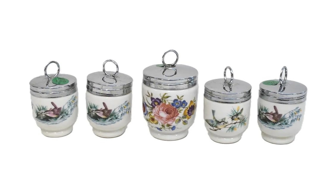 5 ROYAL WORCESTER PORCELAIN EGG CODDLERS: 5 Royal Worcester Porcelain Egg Coddlers. Largest measures approx. 4.5" x 2.75" in dia. total lot weight is 2 lbs 2 oz. **In house shipping available on this lot** If you win this lot, please select s