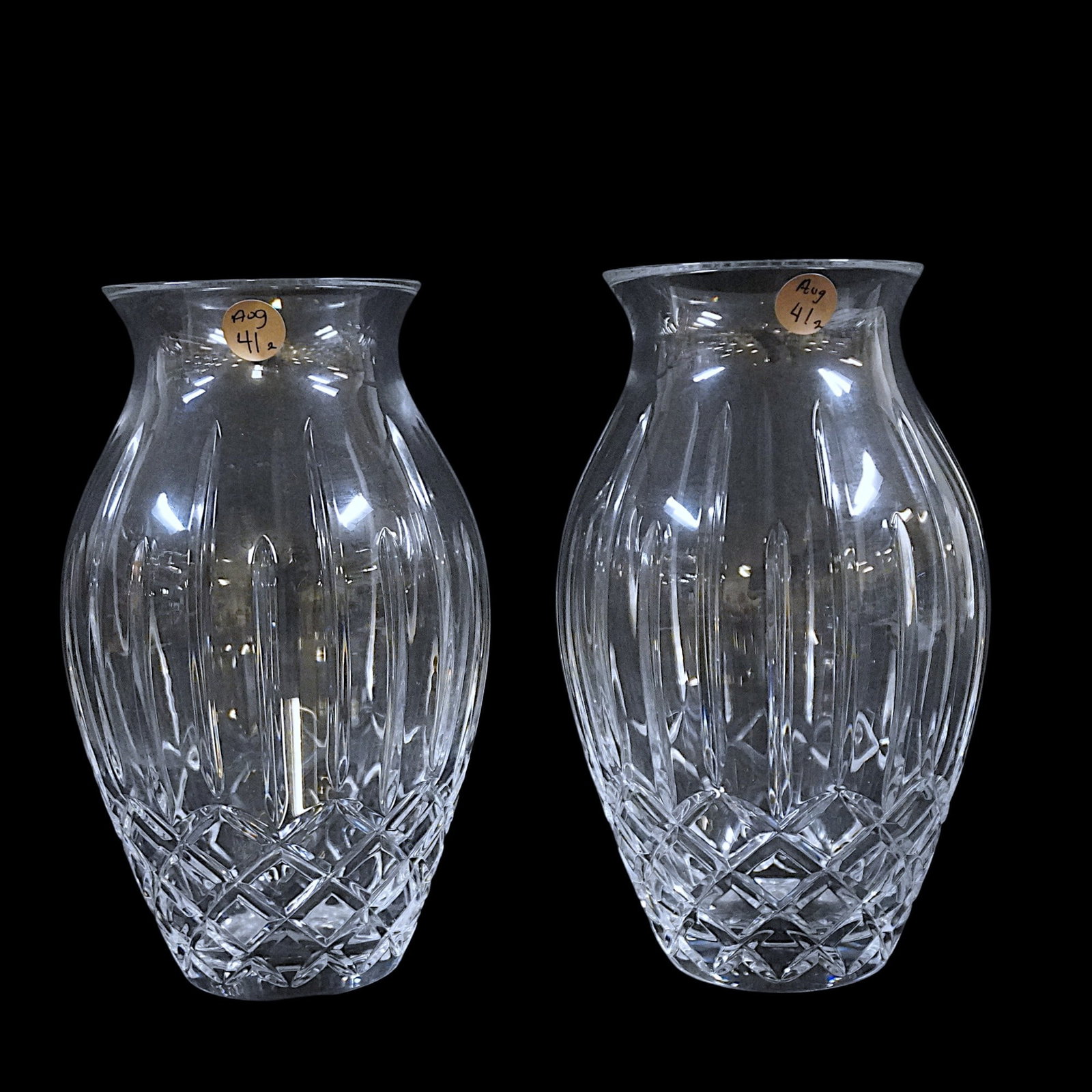 MATCHED PAIR OF BLOCK CUT CRYSTAL VASES (1 of 4)