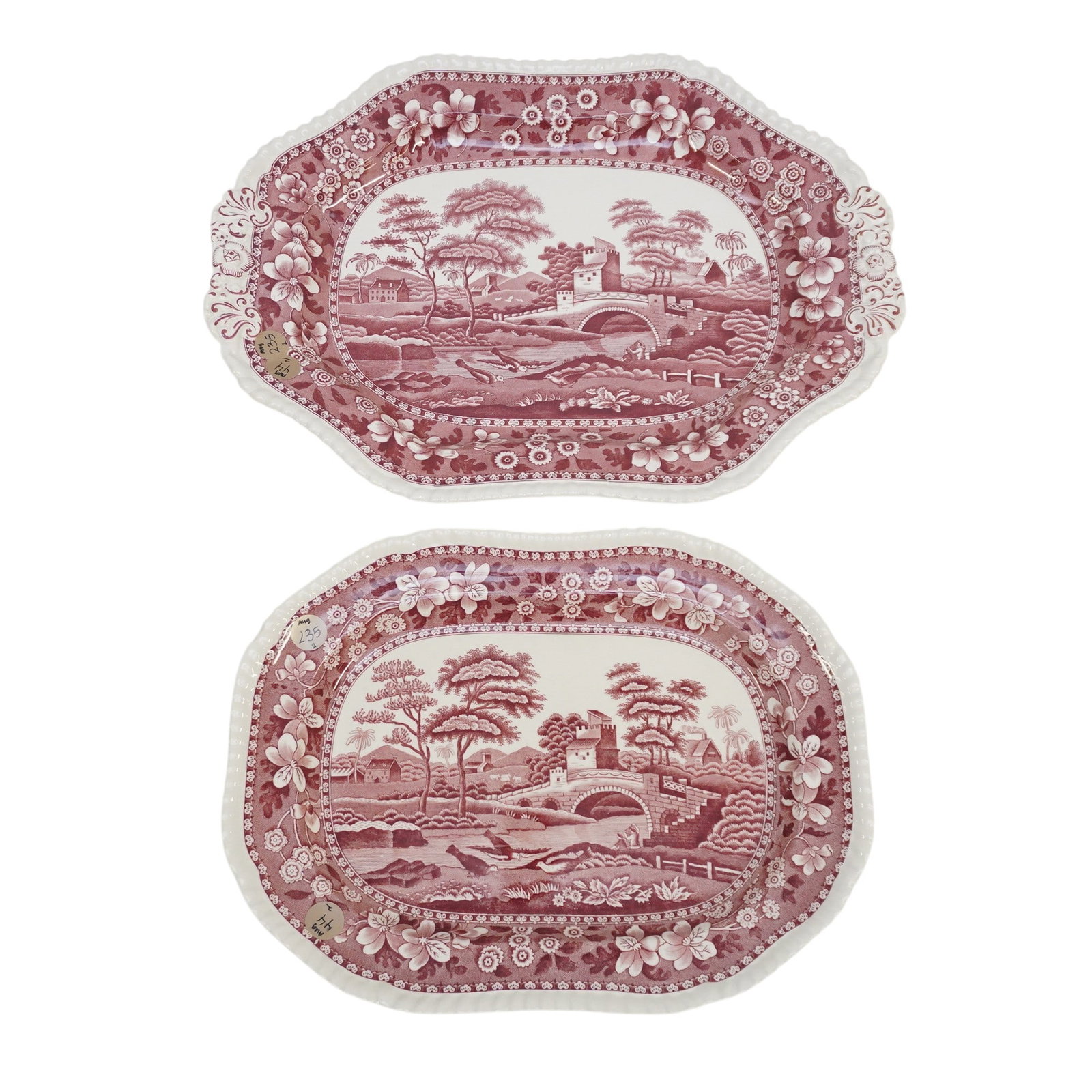 2 VINTAGE SPODE TOWER PINK TRANSFERWARE PLATTERS: Two Vintage Spode Tower Pink Transferware Platters. Serving Platter 12 3/4"x9 3/4" and 1 Underplate (Platter) for Tureen 16"x12"x1". Combined weight 4 lbs 12 oz Provenance: A East Bay Street, Charlest