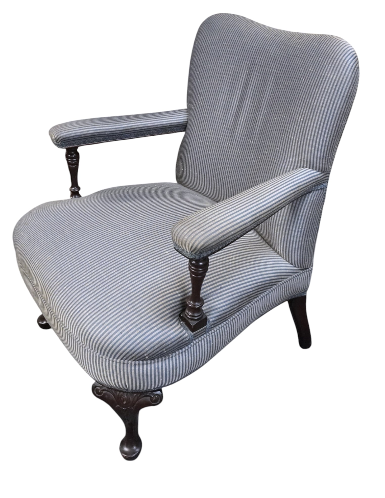 ANTIQUE MAHOGANY OPEN ARMCHAIR: Antique Open Armchair on turned and carved mahogany legs. Measures 26"x29"x34" Provenance: A Washington DC Private Estate **In house shipping available on this lot** If you win this lot, please select