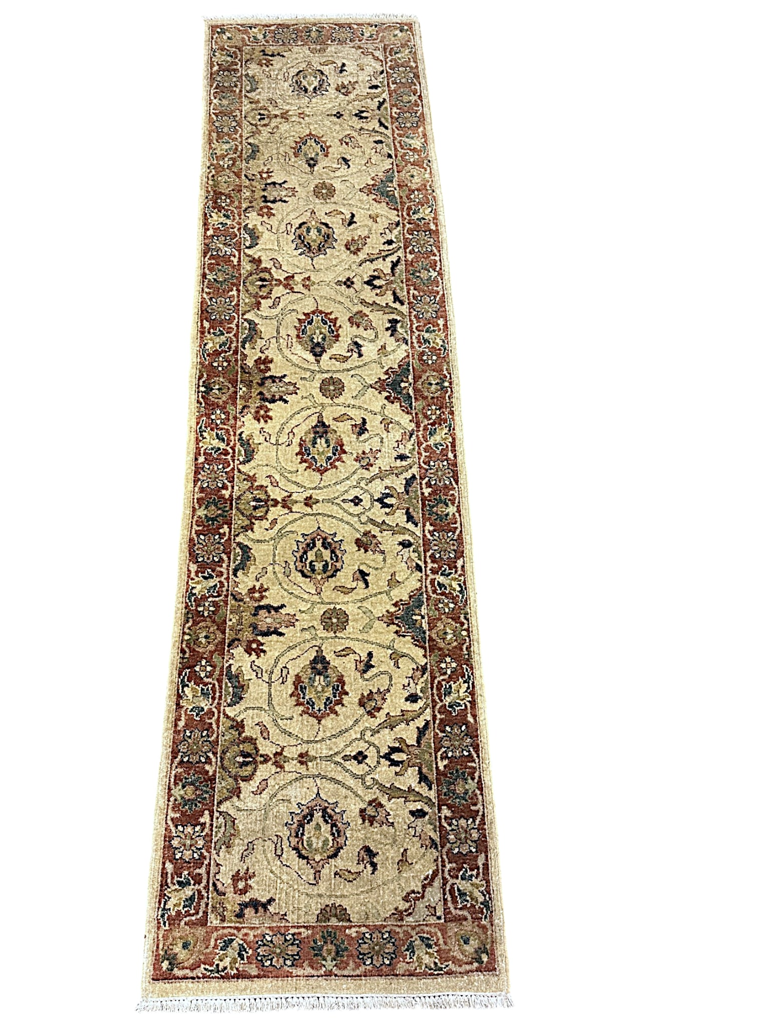 TRADITIONAL CHOBI PESHAWAR RUNNER 10 FT: Traditional Chobi Peshawar Runner from India, known for its rich colors and intricate designs. Perfect for hallways or entryways, this runner adds warmth and elegance to any decor. Measures 31" x 123"