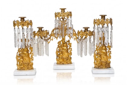 ANTIQUE GILDED GIRANDOLE CANDELABRA SET MOTHER & CHILD