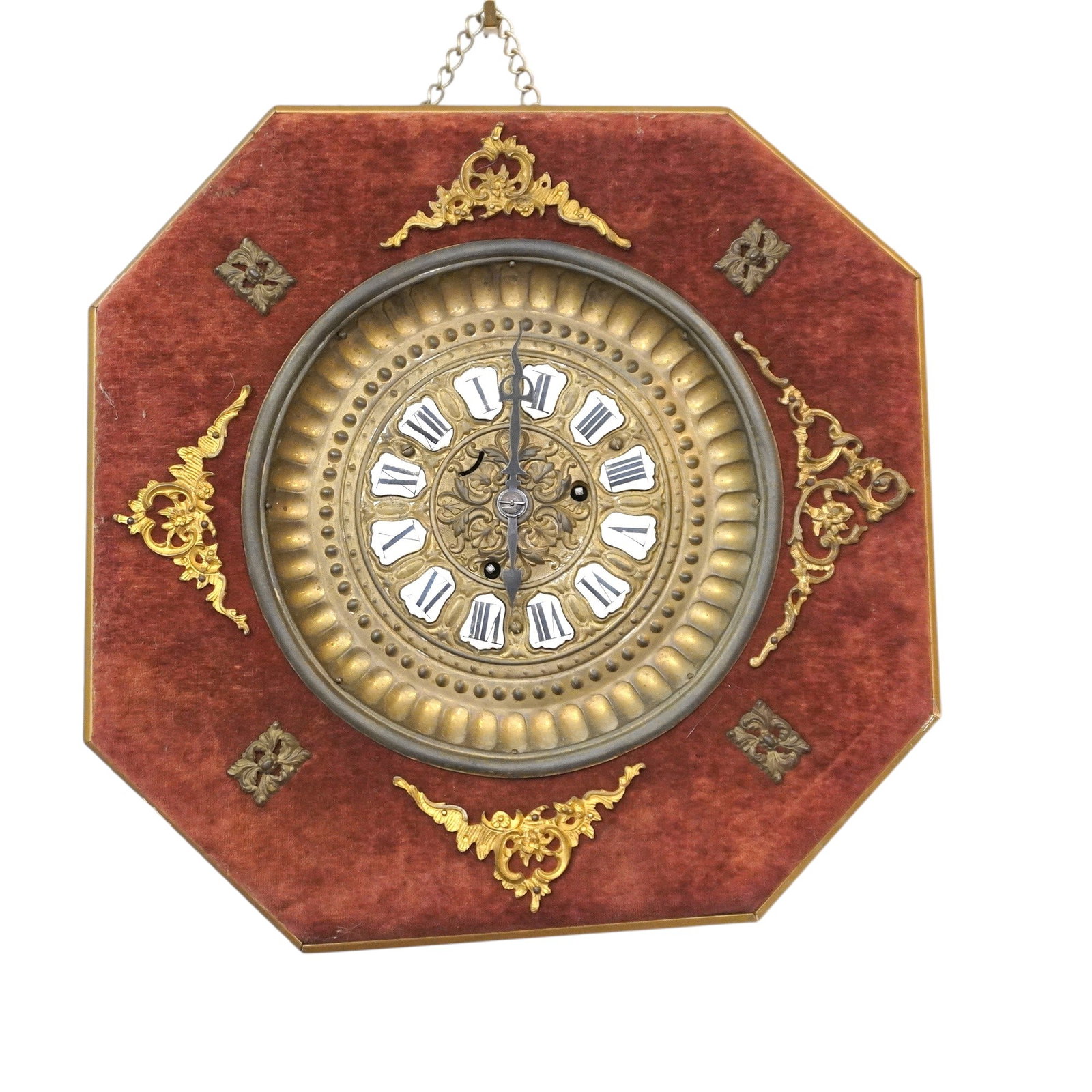 ANSONIA RICHELIEU PLUSH VELVET WALL CLOCK c 1900: Ansonia 8 Day Time & Strike, Octagon Shaped "Plush" Model Wall Clock circa 1900. Brass Bezel and Velvet Base. No Key. Measures 16 1/2"x16 1/2"x2 1/2" weight 5 lbs 5 oz **In house shipping available on