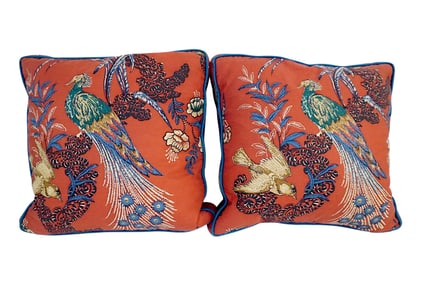 PAIR OF CUSTOM SCHUMACHER PEACOCK CHINOISERIE PILLOW COVERS