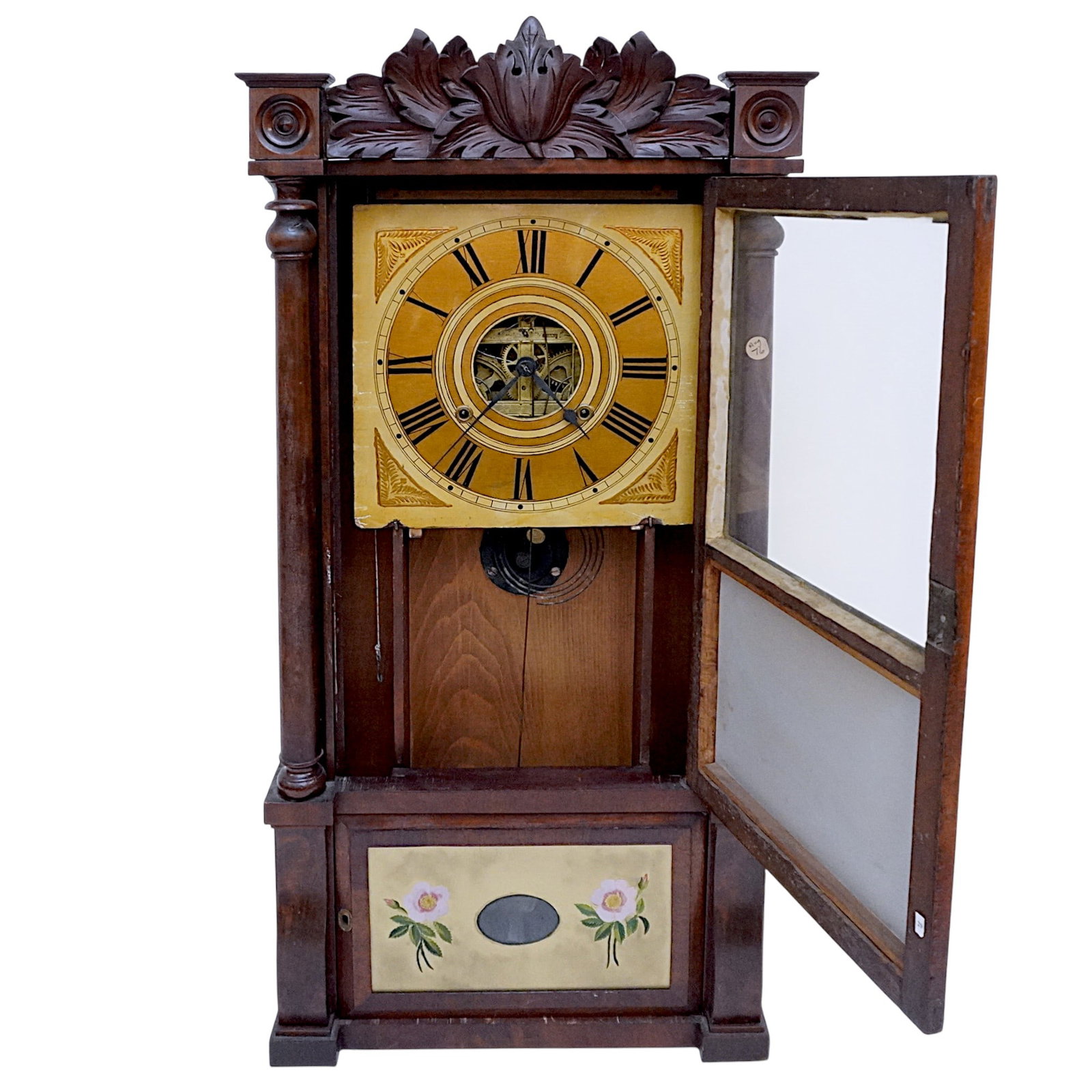 ANTIQUE BIRGE, MALLORY & CO TRIPLE DECKER SHELF CLOCK: Antique Birge, Mallory & Co. Triple Decker Shelf Clock with Carved Crest. 8 Day Brass Movement c 1850. With Pendulum, keys and weights. Measures 18 1/2"x6 14"x37" **In house shipping available on