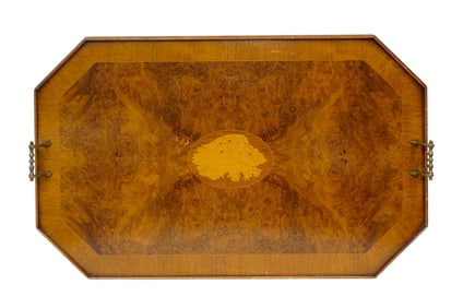 LARGE BURL & YEW WOOD MARQUETRY BUTLERS TRAY