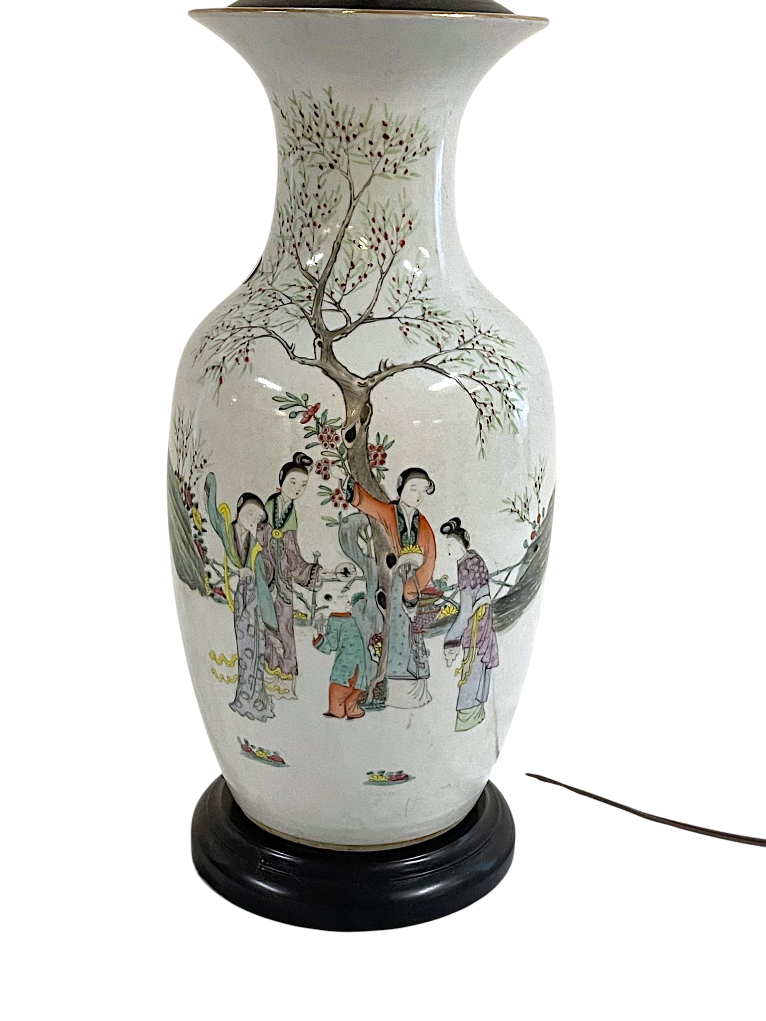 CHINESE PORCELAIN FAMILLE ROSE WITH POEM LAMP: Chinese Famille Rose Porcelain Baluster Vase, body decorated with ladies in a garden and calligraphy poem. Provenance: Gippy Plantation, Avenue of Oaks, Berkeley County, SC. Measures 8"x8"x24" not