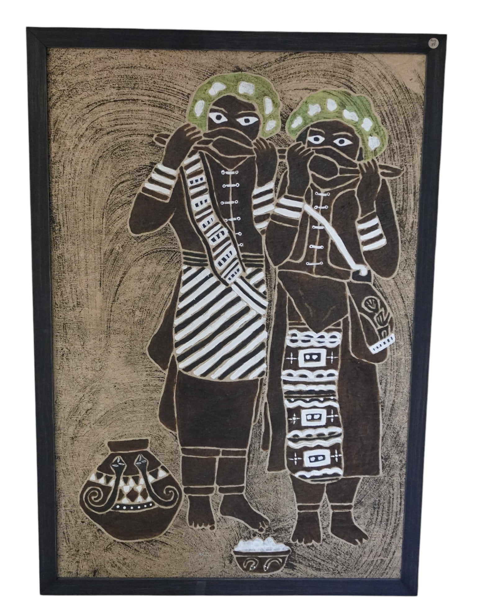 LARGE ABORIGINAL FORMOSA TREE BARK PAINTING: Large Formosa Aboriginal Tree Bark Painting. Authentic. In frame measures 31 1/2"x45 1/2"x1" WeIght 7 lbs .**In house shipping available on this lot** If you win this lot, please select self arranged