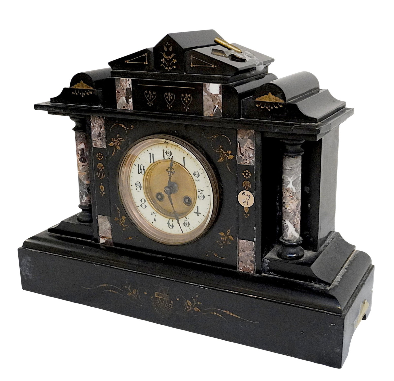 RICHARD & CIE FRENCH MARBLE MANTLE CLOCK: Antique Richard & Cie French Marble Inlay and Slate Mantle Clock with Intricate floral Inlay. Architectural design featuring a pediment top and columns. 8 day time and strike. With key and pendulum. M