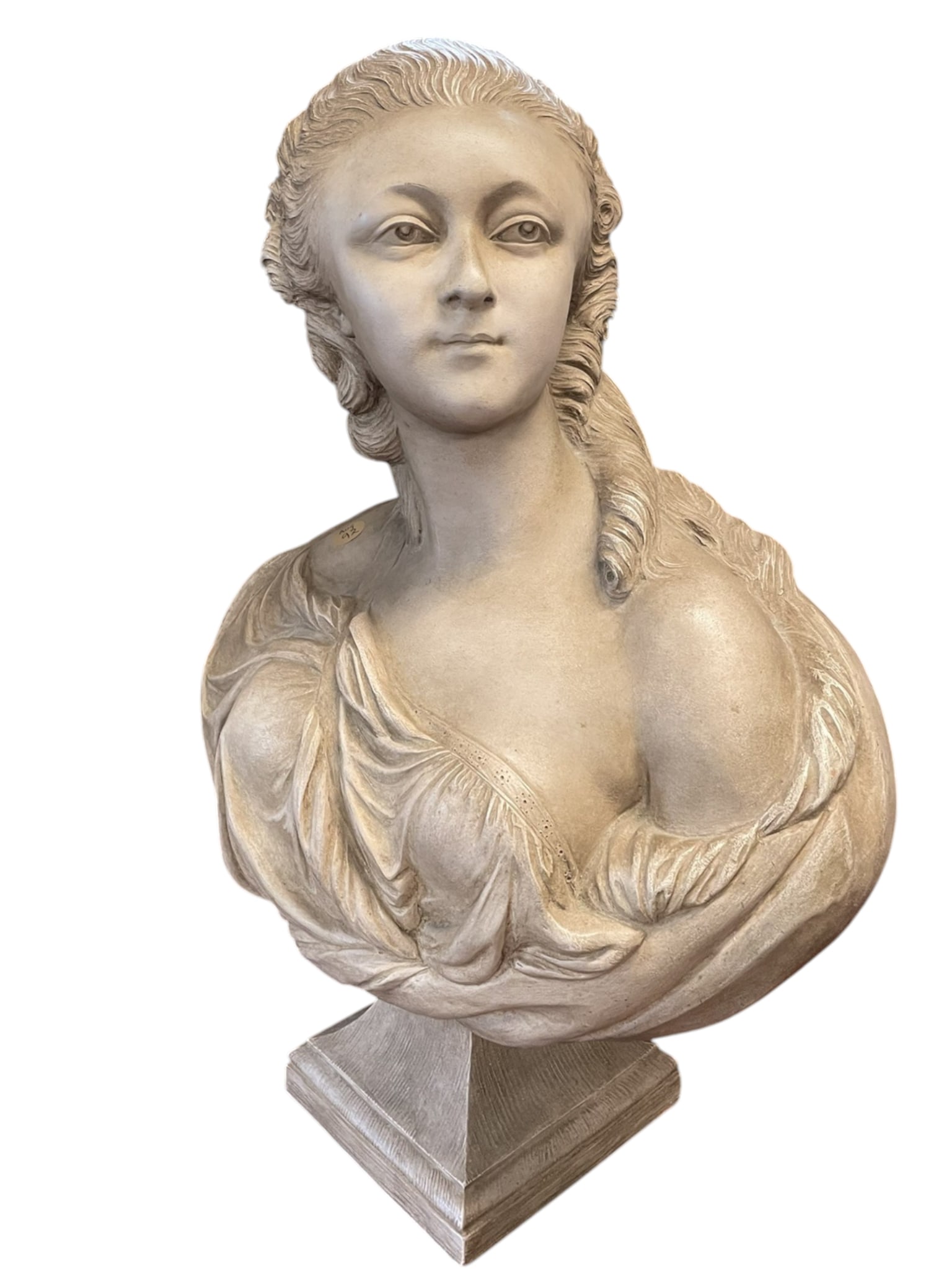 ANTIQUE TERRACOTTA BUST AUGUSTIN PAJOU MADAME DUBARRY: After Augustin Pajou (1730-1789) "Portrait de Madame la Comtesse Dubarry," early 20th c., terracotta, title inscribed verso, also inscribed "by Pajou, Sculpt. du Roy, Professor de son L'Academie de Sc