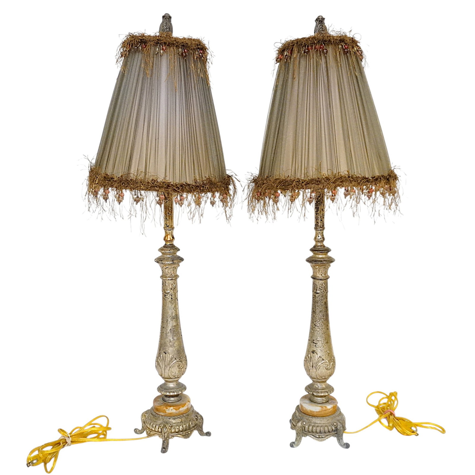 PAIR ITALIAN CANDLESTICK GILDED BRASS & ONYX LAMPS: Pair of Vintage Italian Gilded Brass & Onyx Candlestick Lamps with 4 1/2"x4 1/2"x32" Shades 10"x10"x10'". Weight combined 12 lbs. **In house shipping available on this lot** If you win this lot, pleas