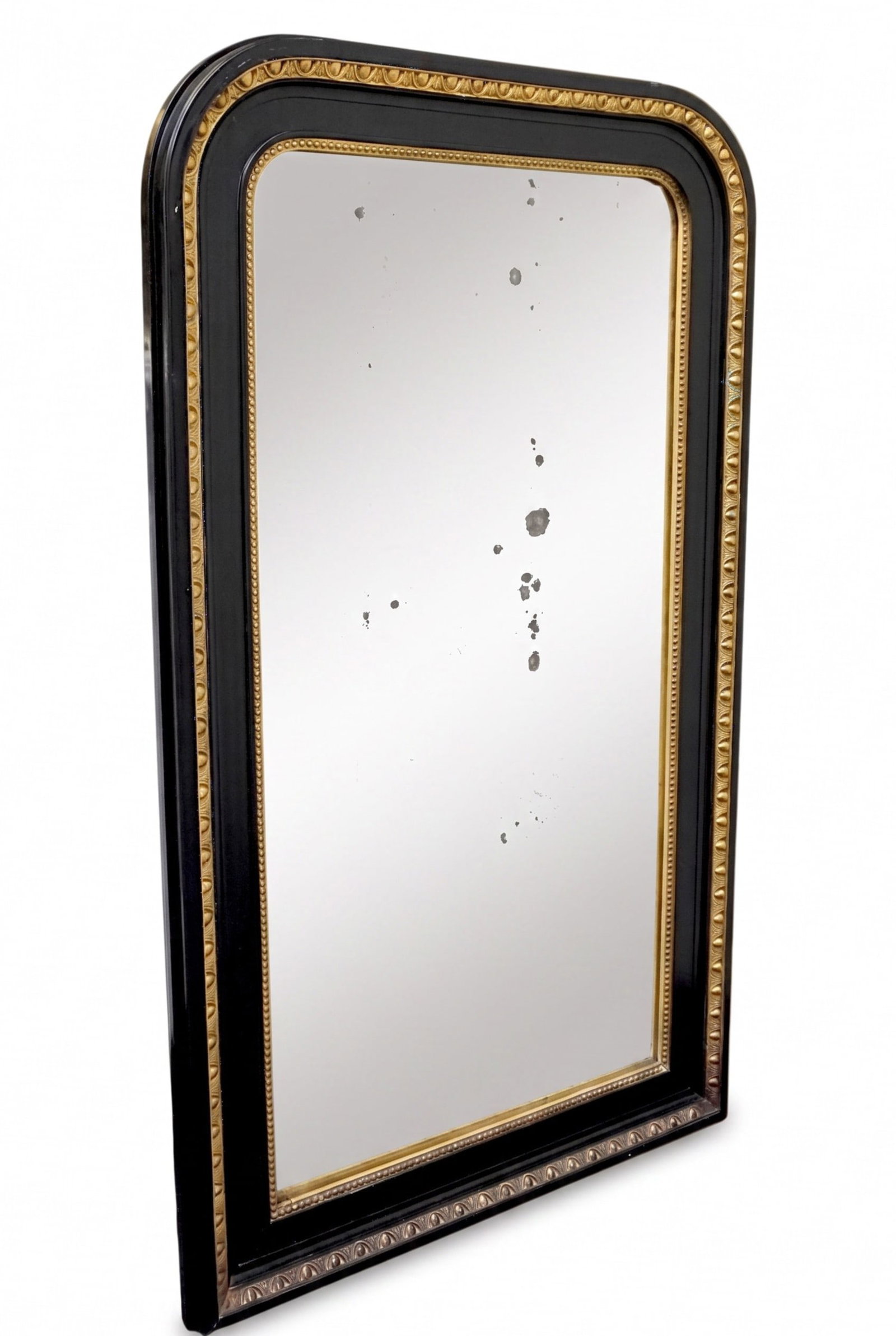 ANTIQUE LARGE LOUIS PHILIPPE EBONY & GILT MIRROR: Antique Large Louis Phiippe Ebony Painted and Gilt Mirror. One of a pair to be sold see lot 112 for other. Measures 29" wide x 2 1/2" deep x 51" high. Provenance: A East Bay Street, Charleston SC Priv