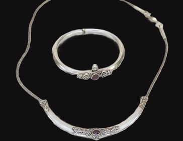2 PC STERLING SILVER & GARNET NECKLACE & BRACELET