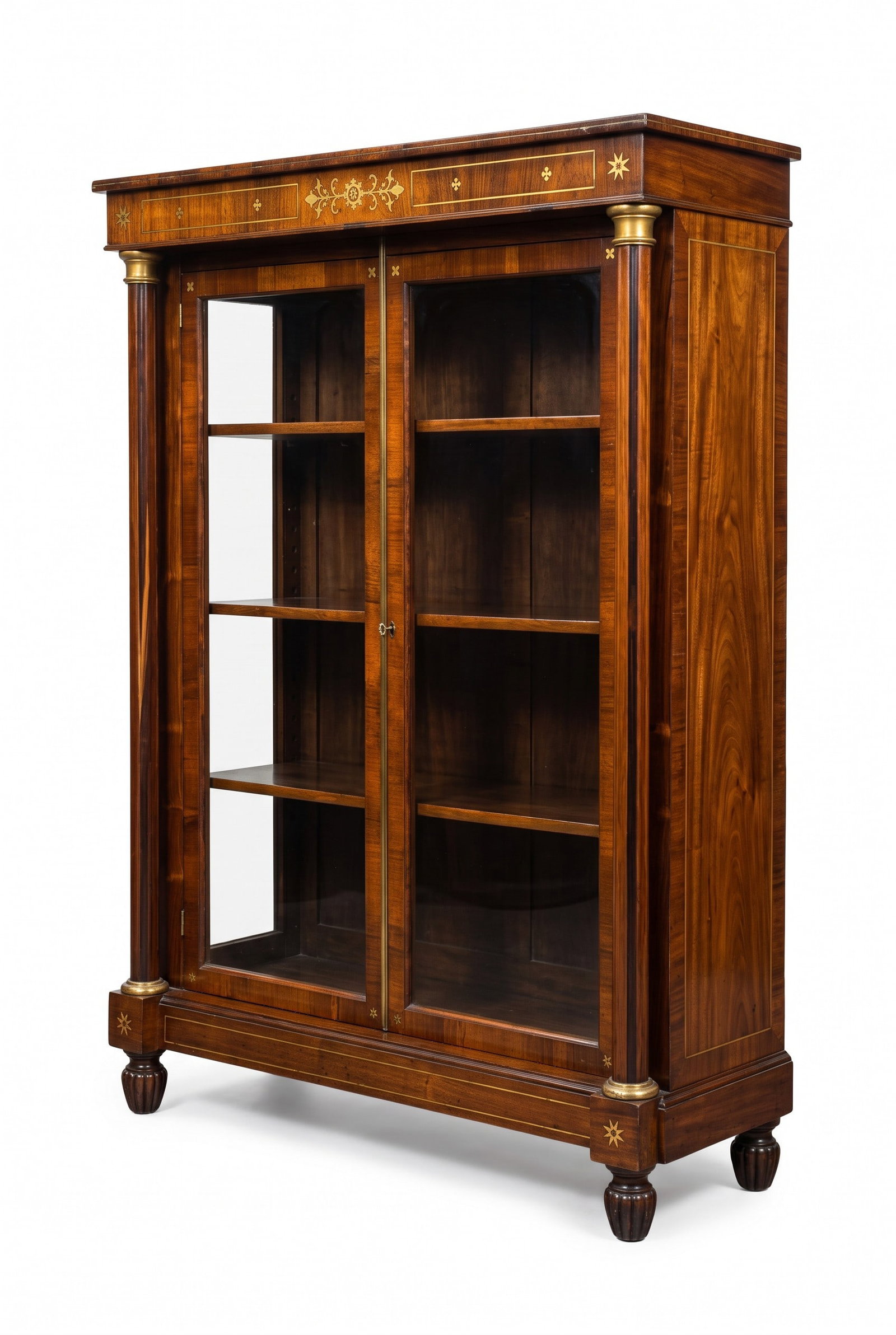 EXCEPTIONAL ENGLISH REGENCY INLAID BOOKCASE: Outstanding 19th century English Regency rosewood pier cabinet / bookcase with exquisite brass inlay c. 1860. A pier cabinet was used to display books, porcelain or collectibles in a "pier" space betw
