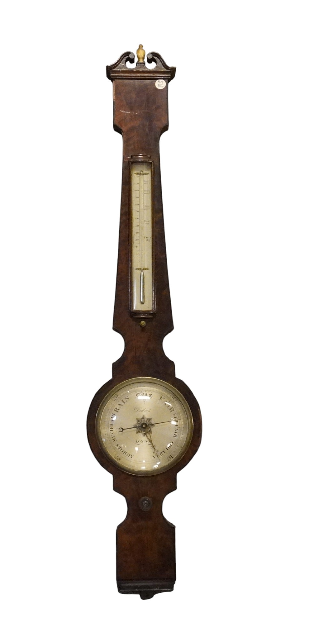 19TH CENTURY BAROMETER BY DOLLAND OF LONDON: Antique English 19th c Banjo Barometer by Dolland of London.Figured Mahogany Case. Measures 8"x2 1/2"x38 1/2" long. Weight 5 lbs .PROVENANCE: The Estate of Dr. Fraser Wilson, Charleston SC. Dr. Wilson
