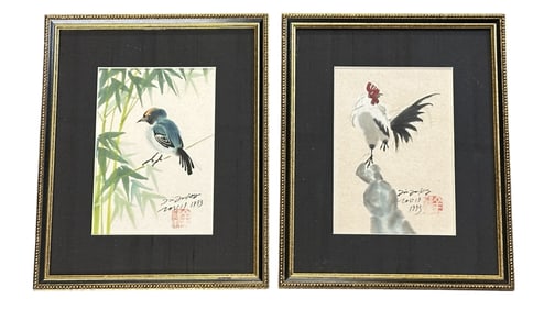 VINTAGE 2 CHINESE INK & WATERCOLOR ROOSTER & BLUEBIRD