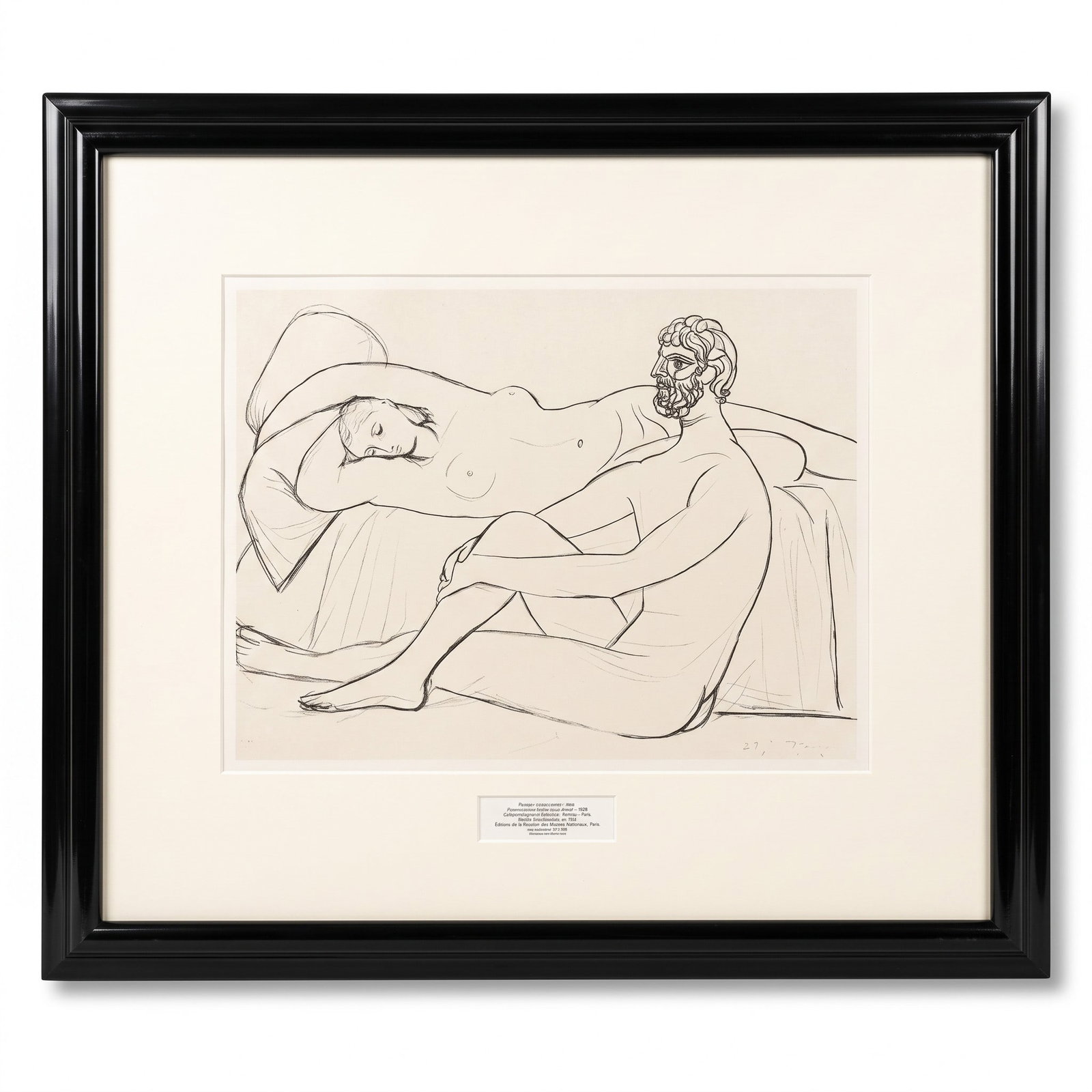 PICASSO MAN AND WOMAN LITHO PRINTED & PUBLISHED 1980 PARIS: After Pablo Picasso (Spanish, 1881-1973) "Femme Endormie et homme assis", lithograph print, faint number 22 lower righr border, published by "Editions de la Reunion des Musees Nationaux a Paris", 1980