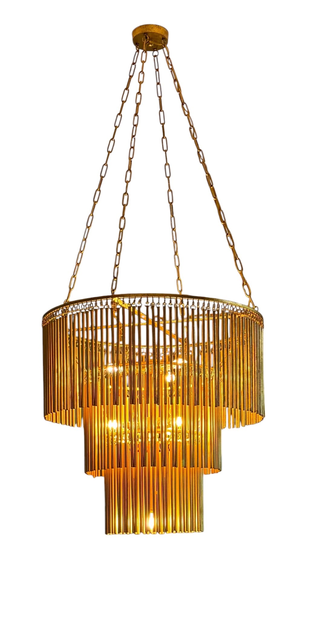 CURREY & COMPANY 30" MANTRA GOLD LEAF CHANDELIER: Currey & Company Mantra three tier 7 light chandelier with a gold leaf finish over iron and brass construction. The Mantra Chandelier is an elegant example of mid-century modern luxe. The gold leaf
