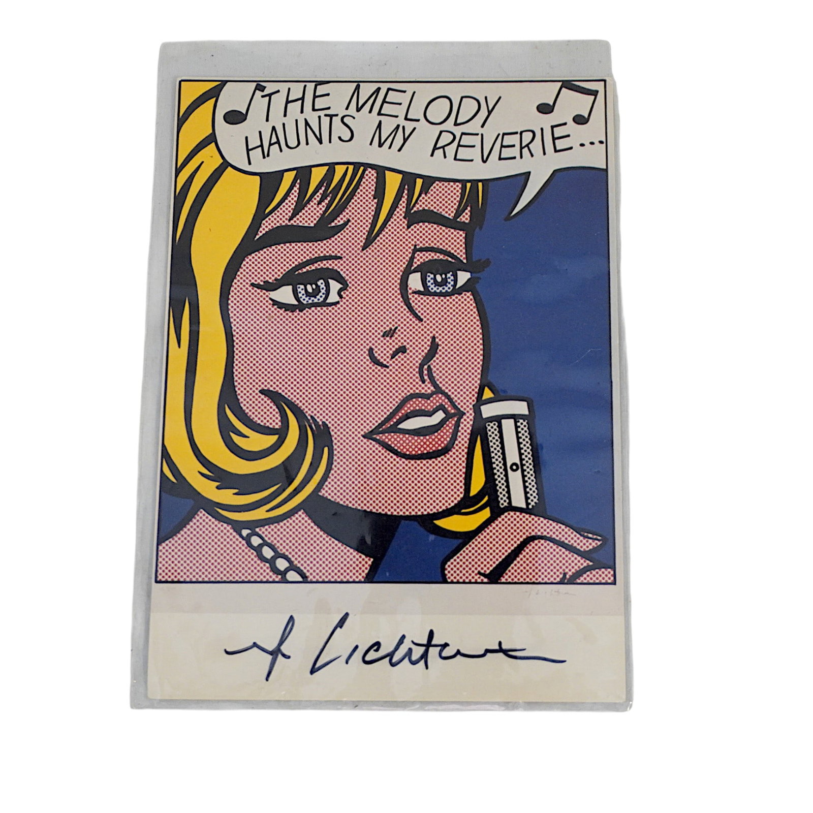SIGNED ROY LICHTENSTEIN POSTCARD 1981 THE MELODY: Signed Roy Lichtenstein 1981 Postcard The Melody Haunts my Reverie. Published for an exhibition held June 17-August 16, 1981 Kupferstichkabinett, National Gallery, State Museums of Prussia in Berlin. 