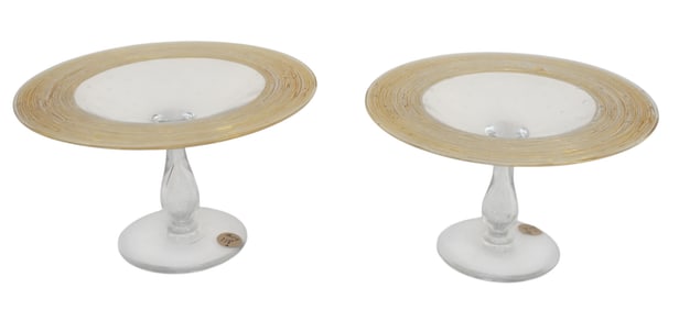PAIR STEUBEN ATTRIBUTED THREADED COMPOTE, CONTROLLED BUBBLES, TEARDROP PEDESTAL BASE
