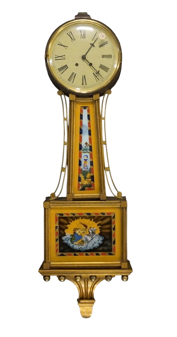 ANTIQUE EGLOMISE BANJO CLOCK CHARLESTON: Antique Eglomise Banjo Clock with Joseph Aiken Banjo written on back. No key. Measures 11"x6"x34". Weight 15 lbs. PROVENANCE: The Estate of Dr. Fraser Wilson, Charleston SC. Dr. Wilson will be remembe