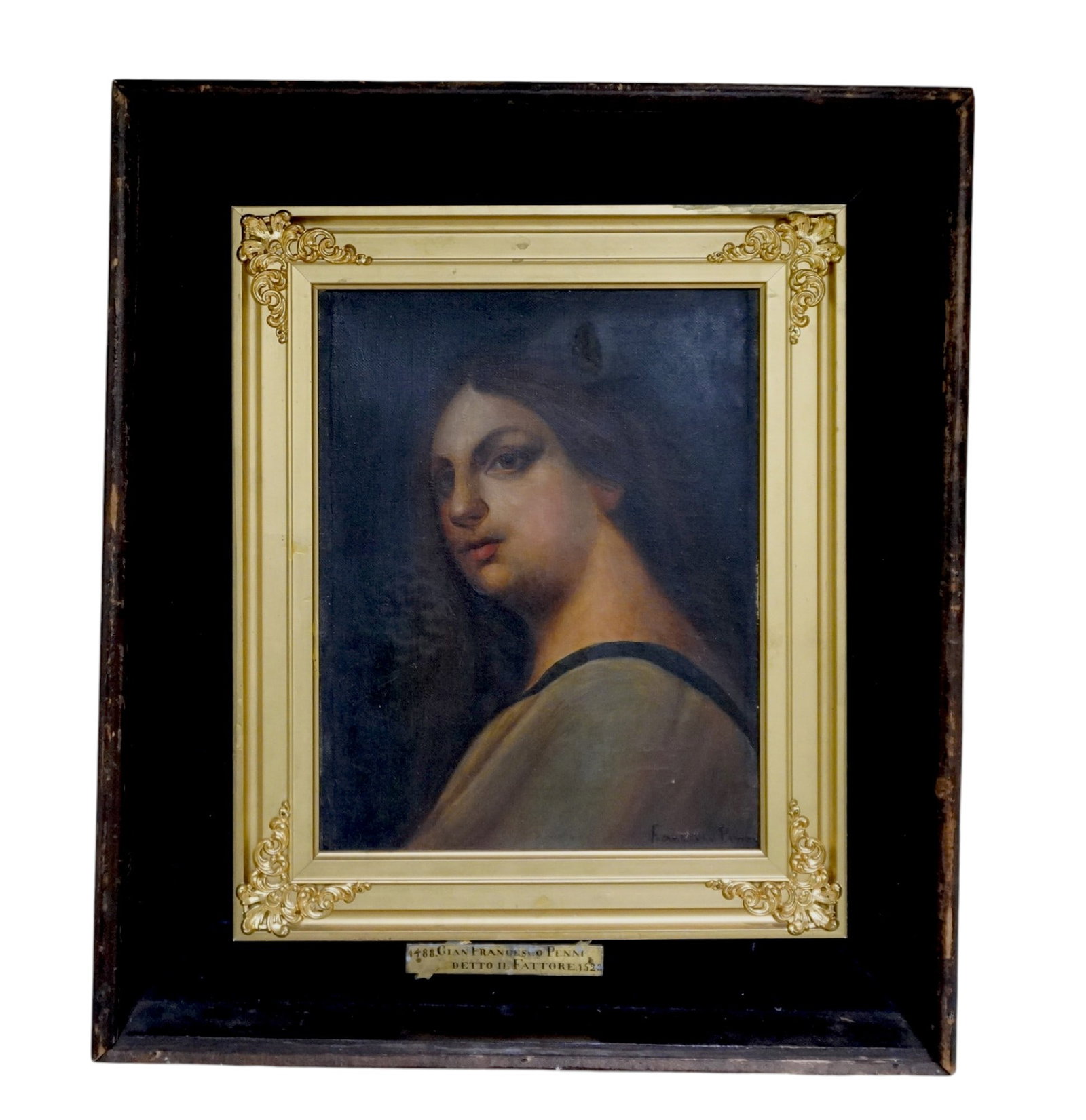 19TH C OIL ON CANVAS AFTER GIAN FRANCESCO PENNI: 19th c Oil on canvas, Victorian painting after Gian Francesco Penni. Framed in ornate gilt frame and then housed in wooden shadow box. Sight seen of image approx. 10" x 13", frame size approx. 14" x 1