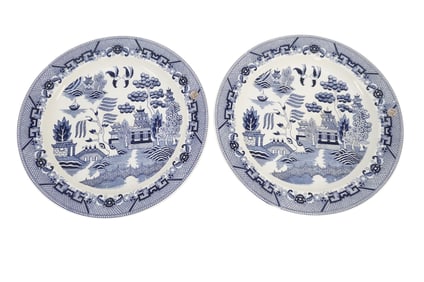 PAIR LARGE BLUE WILLOW JAPAN CHARGERS MID CENTURY