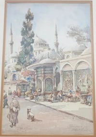 WATERCOLOR YENI DJNI MOSQUE ISTANBUL J. PAVLIKEVITCH