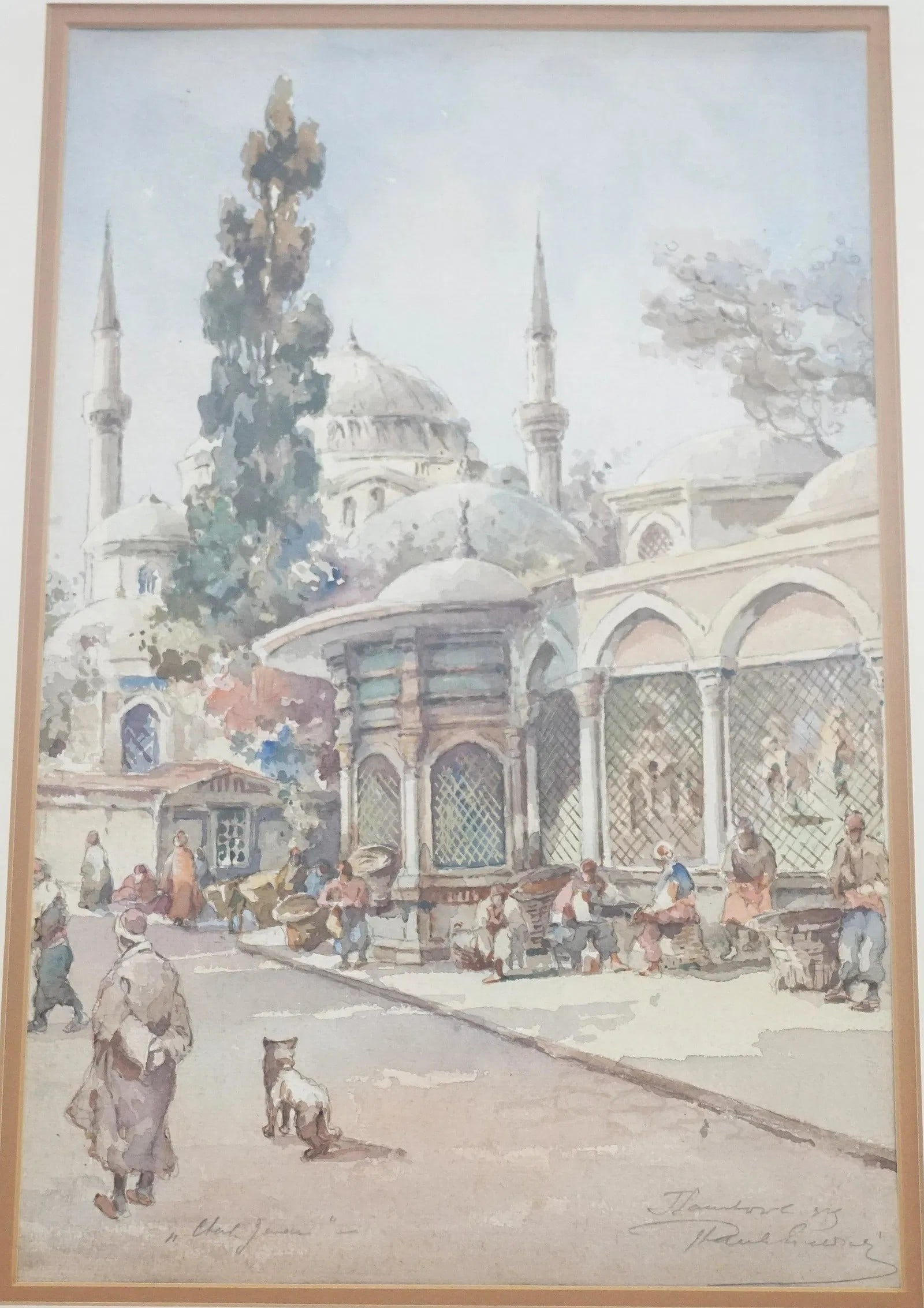 WATERCOLOR YENI DJNI MOSQUE ISTANBUL J. PAVLIKEVITCH: Exceptional Original Watercolor c 1910-20 Yeni Djni Mosque, Istanbul, Turkey by J. Pavlikevitch (Russian active 1893-1936). In frame measures 17 1/4"x23"x3/4". Weight 3 pds. Pavlikevitch was a