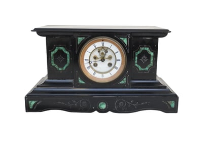 ANTIQUE FRENCH BELGIUM BLACK SLATE MALACHITE INLAY CLOCK