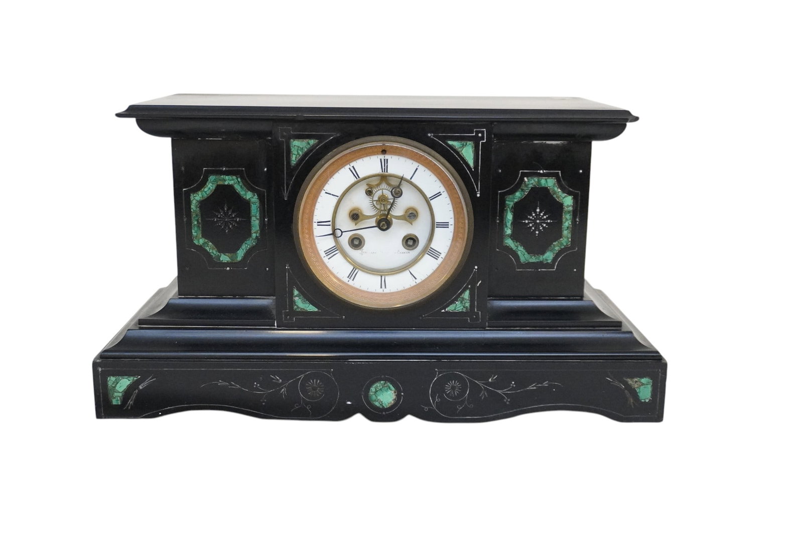 ANTIQUE FRENCH BELGIUM BLACK SLATE MALACHITE INLAY CLOCK: Antique French Belgian Black Slate Mantle Clock With Open Escapement and Malachite Inlay. 8 day time & strike,Key and pendulum. Measures 11 3/4"x6"x14" high Weight 37 lbs. **In house shipping availabl