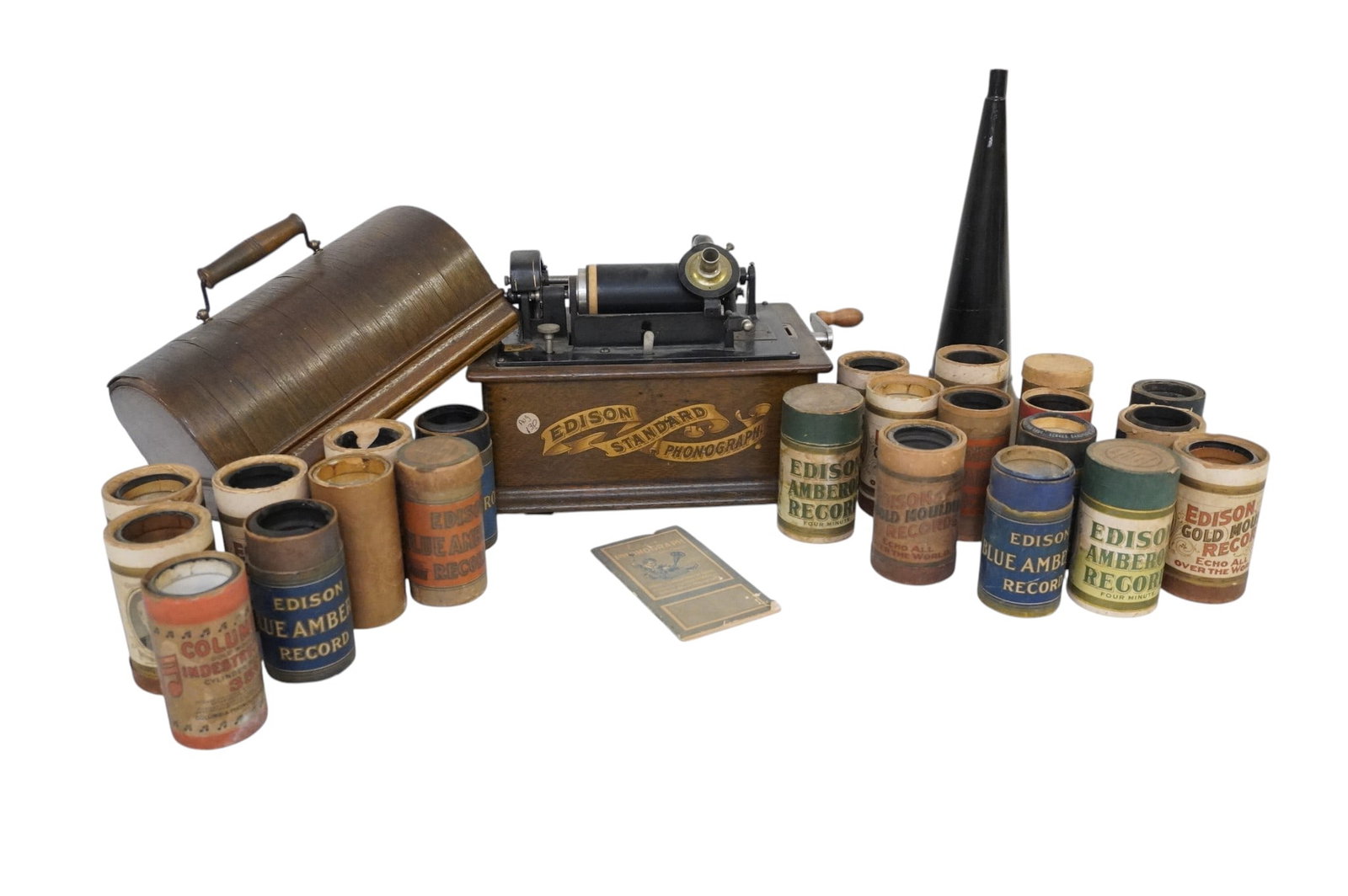 ANTIQUE EDISON STANDARD PHONOGRAPH WITH 12 CYLINDER RECORDS: Antique Edison Standard Phonograph with Horn and 12 Cylinder Records. Measures 10 1'2" tall 12" long 8"" wide Horn 14" Box 14"10 1/2"x12", 26 lbs **In house shipping available on this lot** If you win
