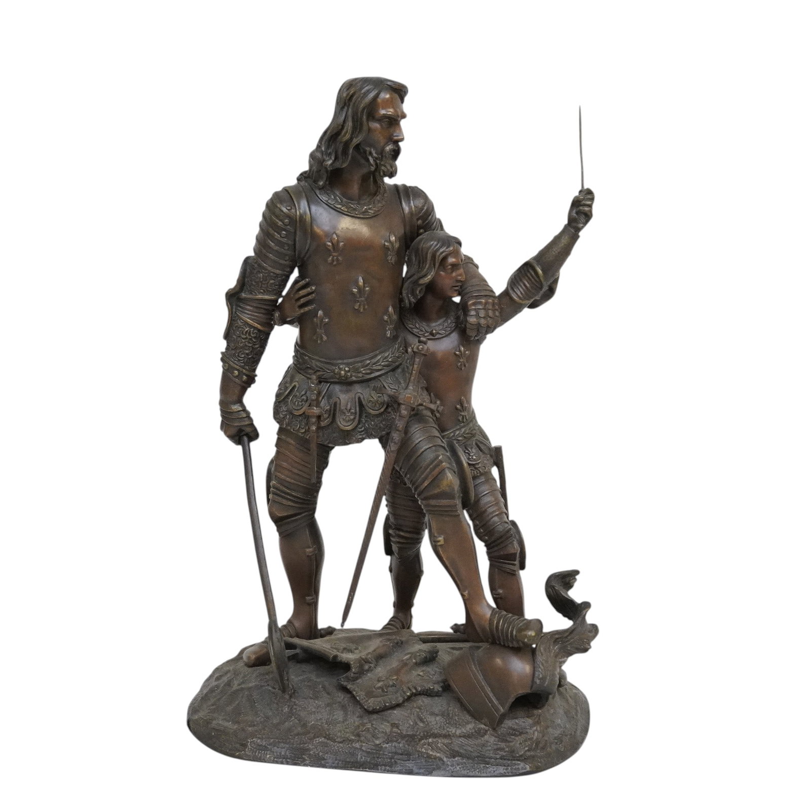 ANTIQUE BRONZE FRENCH KING JEAN LA BON & SON PHILIPPE: Antique 19th c Bronze Sculpture of the French King Jean La Bon and his son Philippe le Hardi during the battle of Poitiers in 1356. Unsigned. Provenance: Gippy Plantation, Avenue of Oaks, Berkeley Cou
