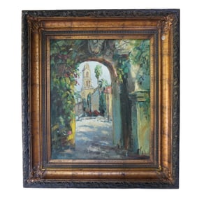 ORIGINAL OIL ON CANVAS EUROPEAN ARCHWAY & CHURCH