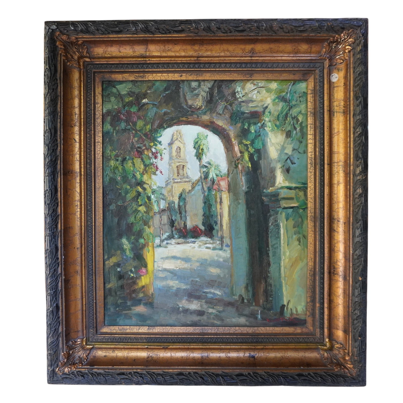 ORIGINAL OIL ON CANVAS EUROPEAN ARCHWAY & CHURCH: Original Oil on Canvas, Stone Archway leading to a Sunlit Mediterranean Courtyard with Church and Bell Tower. Signature looks like Kurz. In ornate carved wood frame. In frame measures 30"x33 1/2"x3 1/